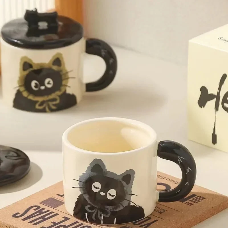 Couple Ceramic Water Cup Creative personality cat mug with lid cute ceramic coffee cup drinking water cup souvenir
