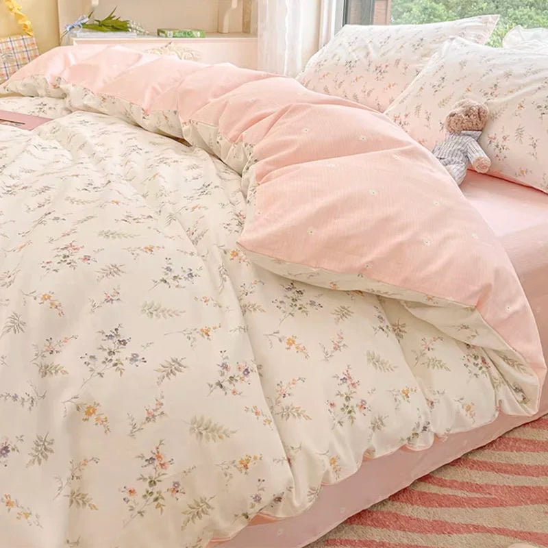 Ins Pink Flowers Bedding Set Fashion Flat Sheet Duvet Cover No Filling Pillowcase Twin Full Queen Nordic Boy Girl Bed Linen