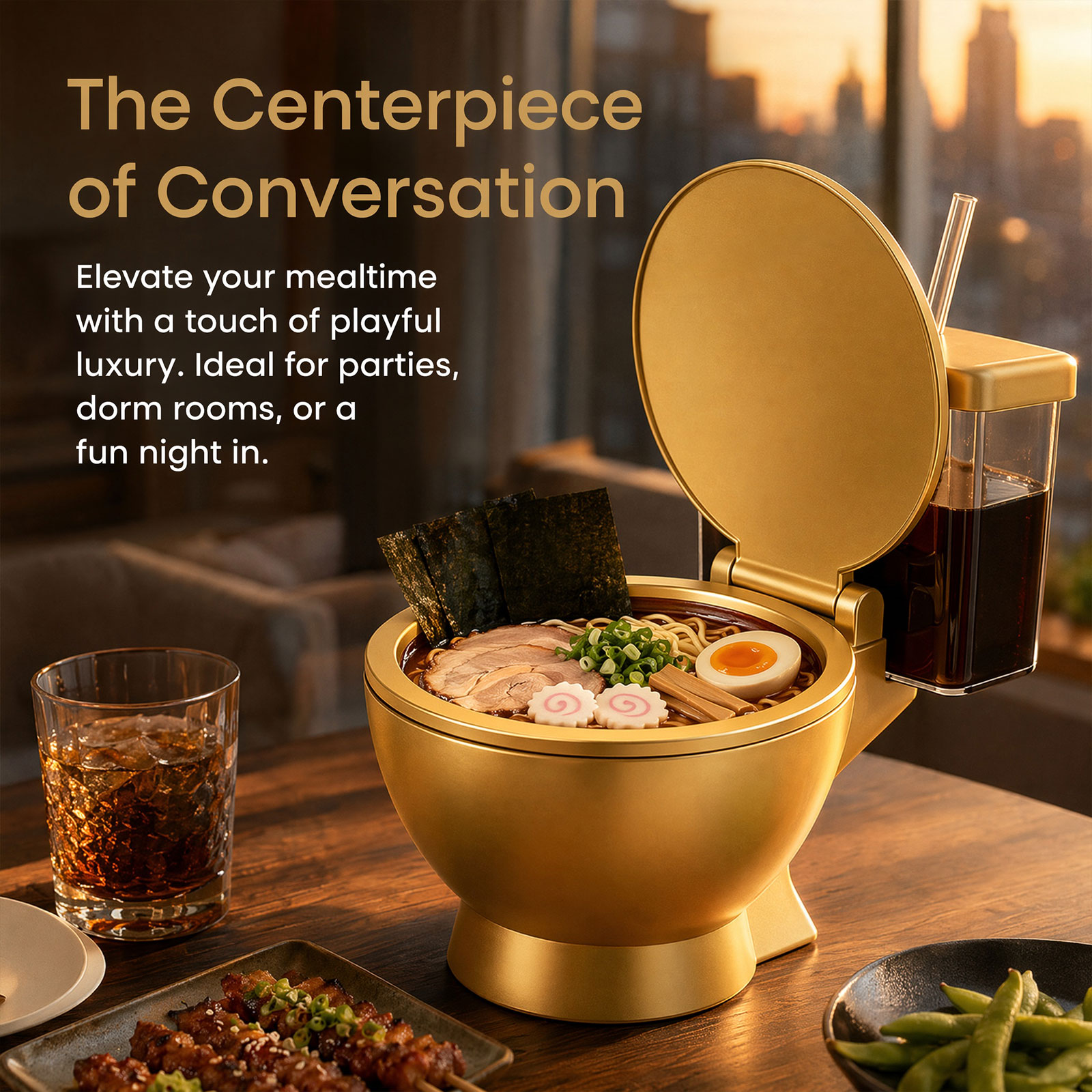 Toilet Ramen Bowl And Drink, 2026 New Funny Toilet Shaped Ramen Bowl and Drink Cup Combo, Large Golden Toilet Soup Bowl for Instant Noodles, Hilarious Snack and Drink Cup Set
