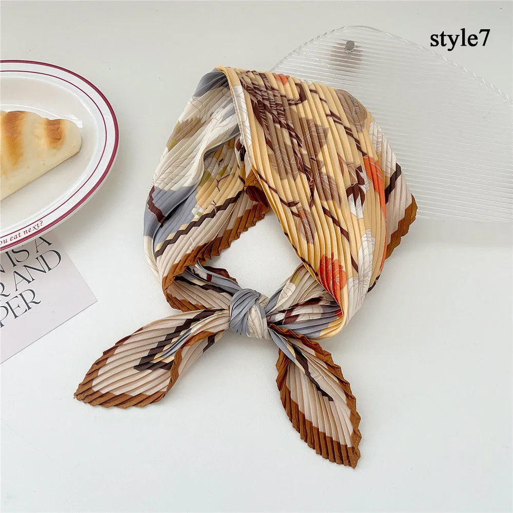 Crinkle Square Silky Neck Scarf Colorful Lady Satin Head Wraps Neckerchief Flower Printed Hair Scarf Elegant Pleated Neck Scarf