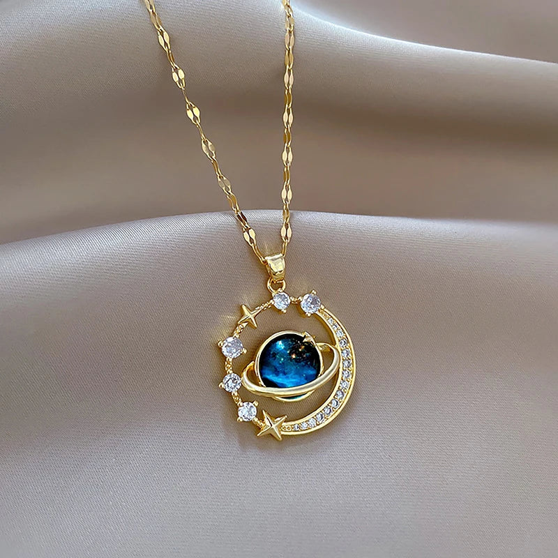 Fashion Light Luxury Starry Sky Planet Pendant Necklace Women Jewelry Party Accessories Gifts