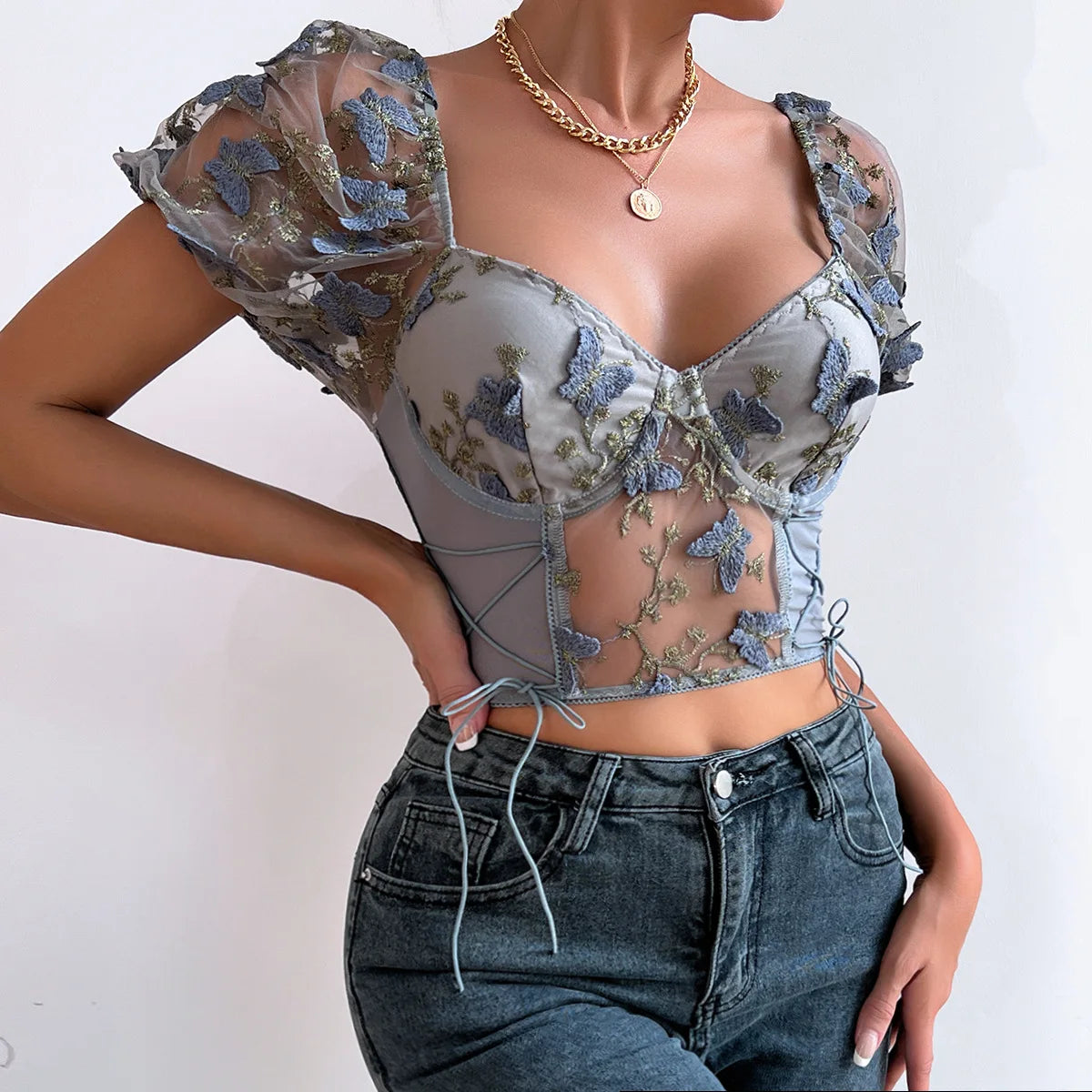 Bufferfly Embroidery Puff Sleeve Top Women V Neck Summer Backless Short Sleeve Sexy Cropped Top Blouse