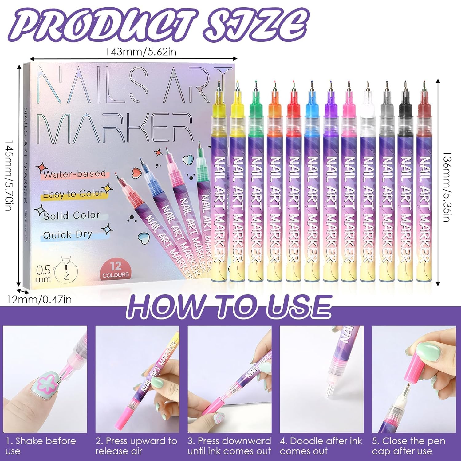 12 Farben 3D Nagellack Stift Set, Nail Art Markert, DIY Linie Nagelkunst Graffiti, Nagelspitze Nail Art Beauty Schmücken Maniküre Werkzeuge, Nagellackstifte Nageldesign für Weihnachten