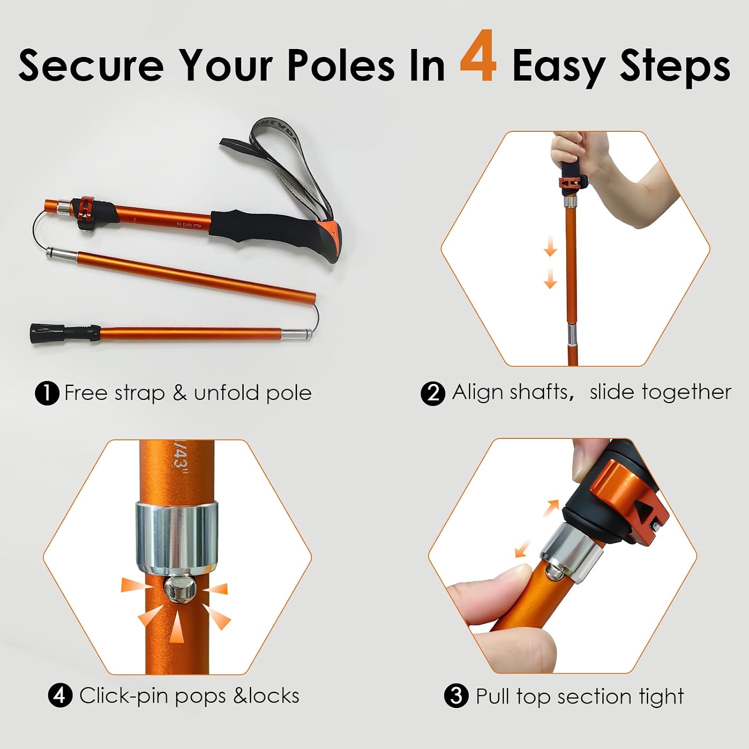 Collapsible Trekking Pole 7075 Aluminum Adjustable 43.3