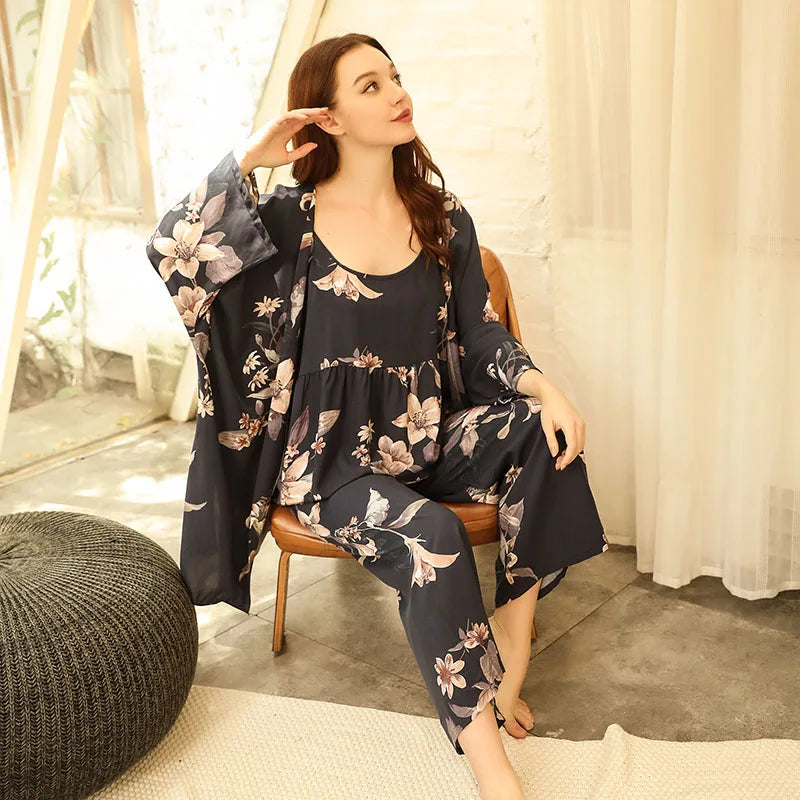 2024 Spring & Autumn Cartoon Sunflower Printed Women Sleepwear Light Blue Cotton Satin Pajamas Set Ladies Loose Thin Homewear