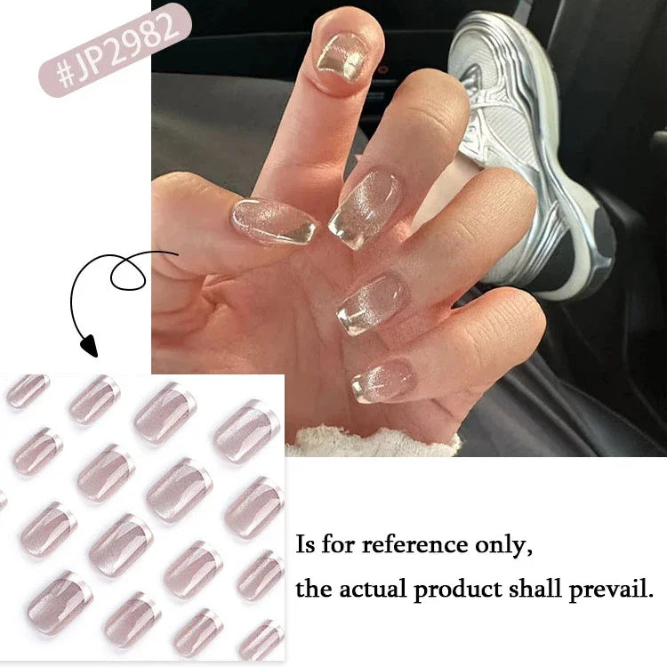 Nude Pink Glitter Cat Eye Nail Art Wearable Solid Color Fake Nails Detachable Finished False Nails Press on Nails with Glue