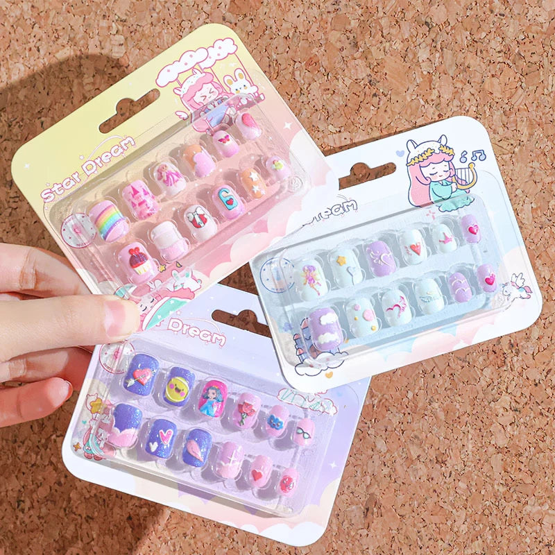 12pcs/Box Children Acrylic Fake Nails Safe Non-Toxic Adhesive Fake Nail DIY Artificial Fingernails for Girls Children's Day Gift