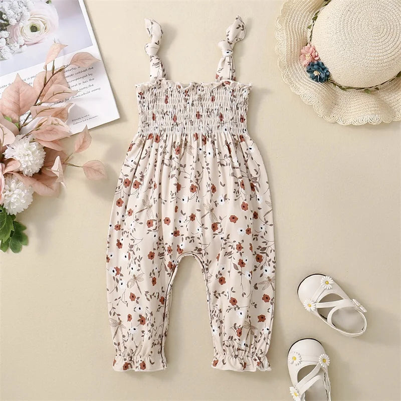 0-24M Baby Girls Floral Jumpsuits Tie-up Suspender Pants Overalls Infant Romper Toddler Summer Clothes 2024 New