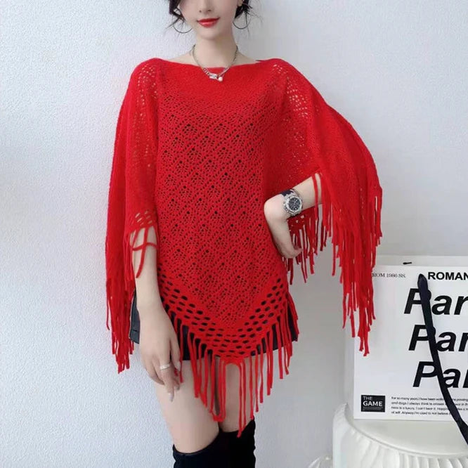 Spring Autumn New Pullover Cape Women Hollow flower Knitting Poncho Capes Batwing Sleeves Shawls Sunscreen Solid Cloak Blue