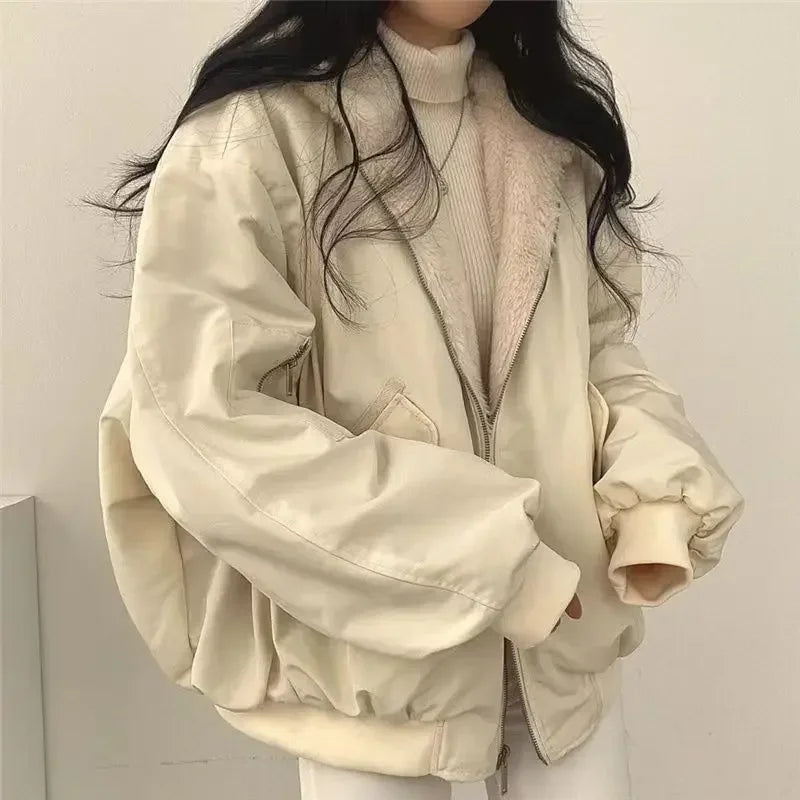 Korean velvet thickened reversible lamb wool cotton coat for women winter new zipper hooded cotton coat top zip up hoodie  y2k