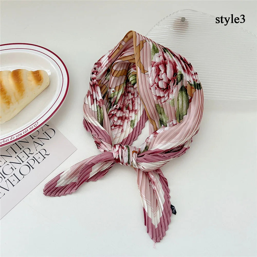 Crinkle Square Silky Neck Scarf Colorful Lady Satin Head Wraps Neckerchief Flower Printed Hair Scarf Elegant Pleated Neck Scarf