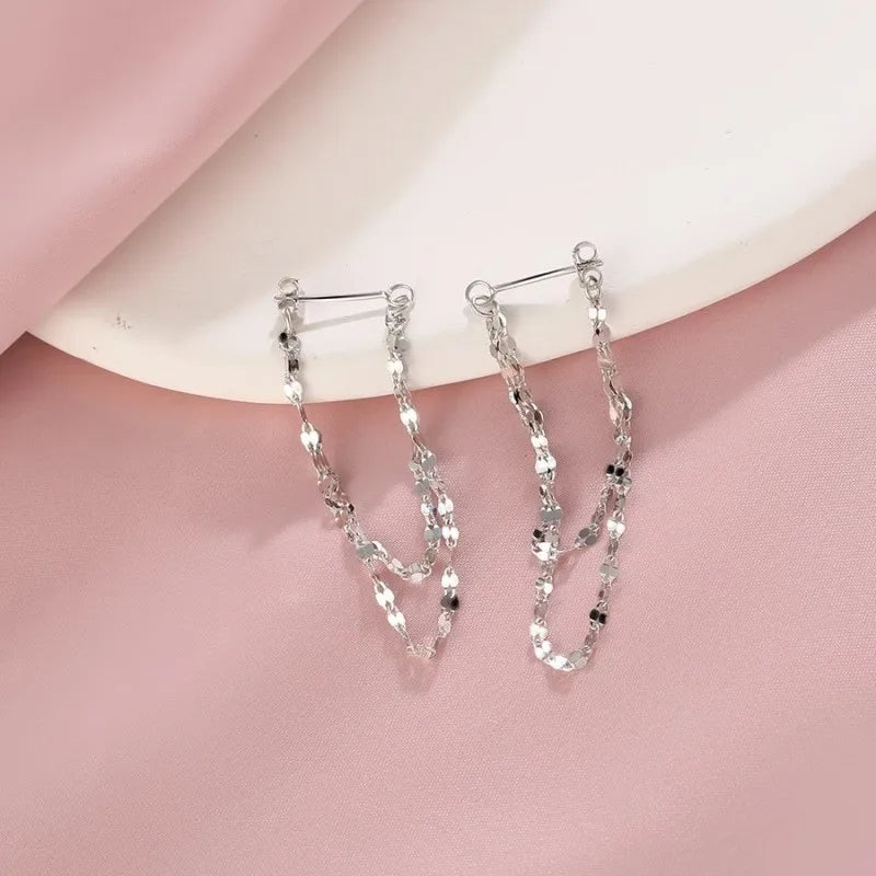 925 Sterling Silver Double Layered Tassel Earrings, Long Sparkling Chain Earrings, Exquisite And Fashionable Jewelry