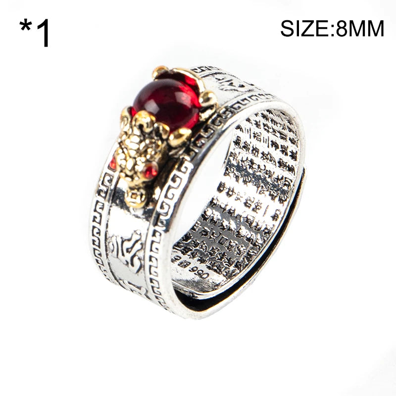 Chinese Feng Shui Pixiu Ring Vintage Silver Plated Heart Sutra Amulet Protection Wealth Lucky Open Adjustable Ring