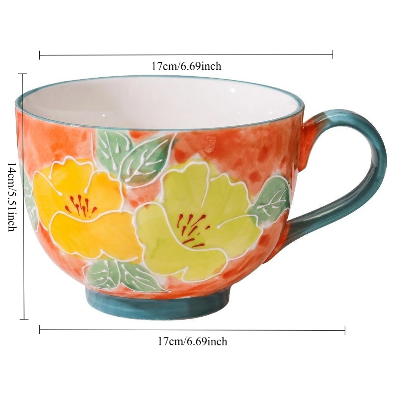 Embossed pure hand-painted ceramic cup beautiful large capacity breakfast cup high value flower tea cup milk oatmeal cup