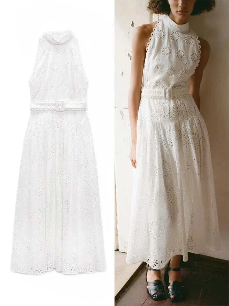 Women's Waisted Hollow Up Mirror Dress Embroidery Beach Style Long Dress Tide High Neck Street Rustic Sweet White Dresses