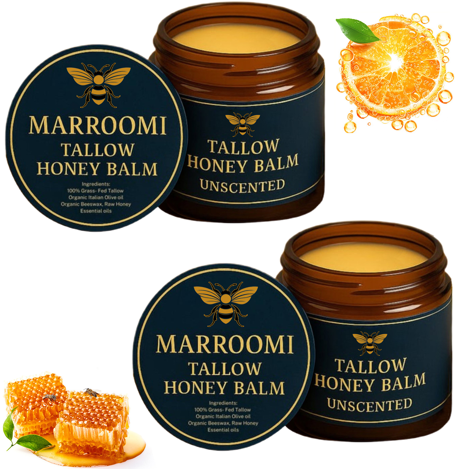 Marroomi Tallow Honey Balm, Natural Nourishment Duo, Beef Tallow for Skin, Organic Grass-Fed Beef Tallow-Balm, Soothing Moisturizing for All Skin Types