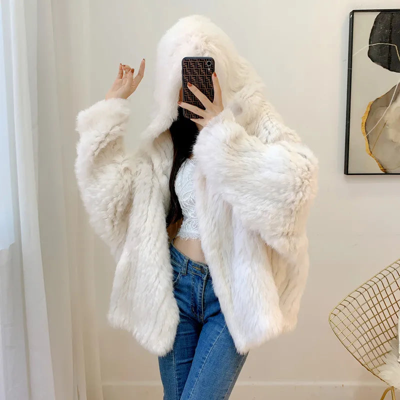 Autumn Winter Women 100% Natural Real Rabbit Thick Fur Coat Fur Warm Jacket Loose Knited Quality Luxury Hooded Full Sleeves