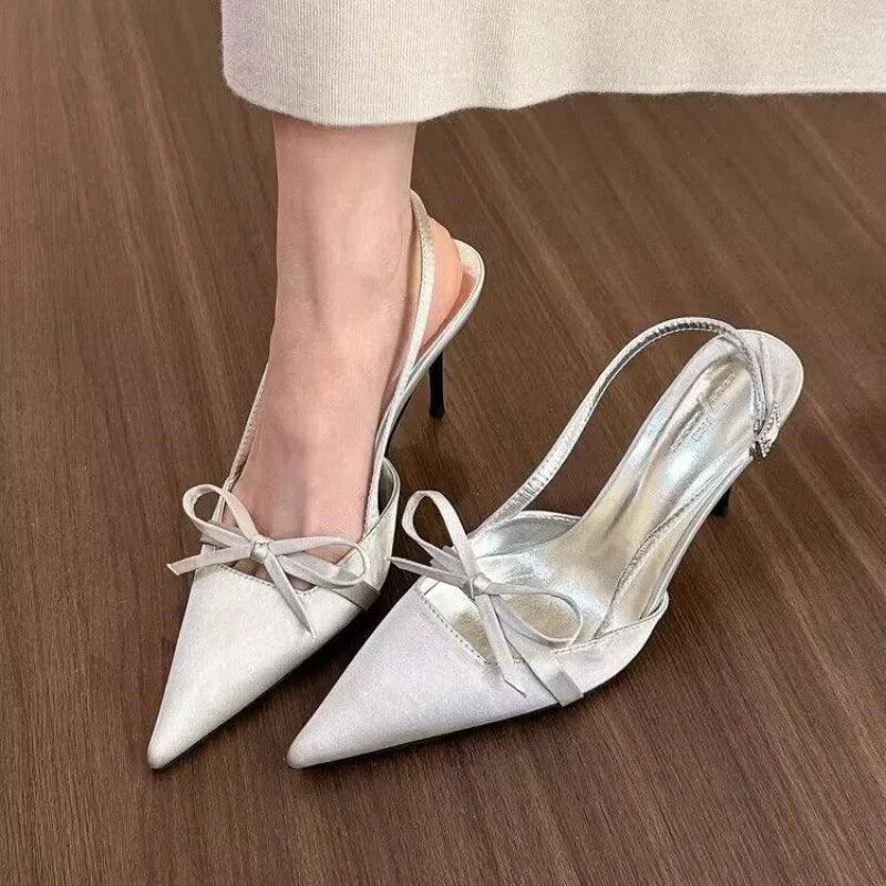 2024 Design Summer New Sexy Pointed Bow Sandals Women Heeled High Heels Wedding Party Women's Shoes Pink Heels