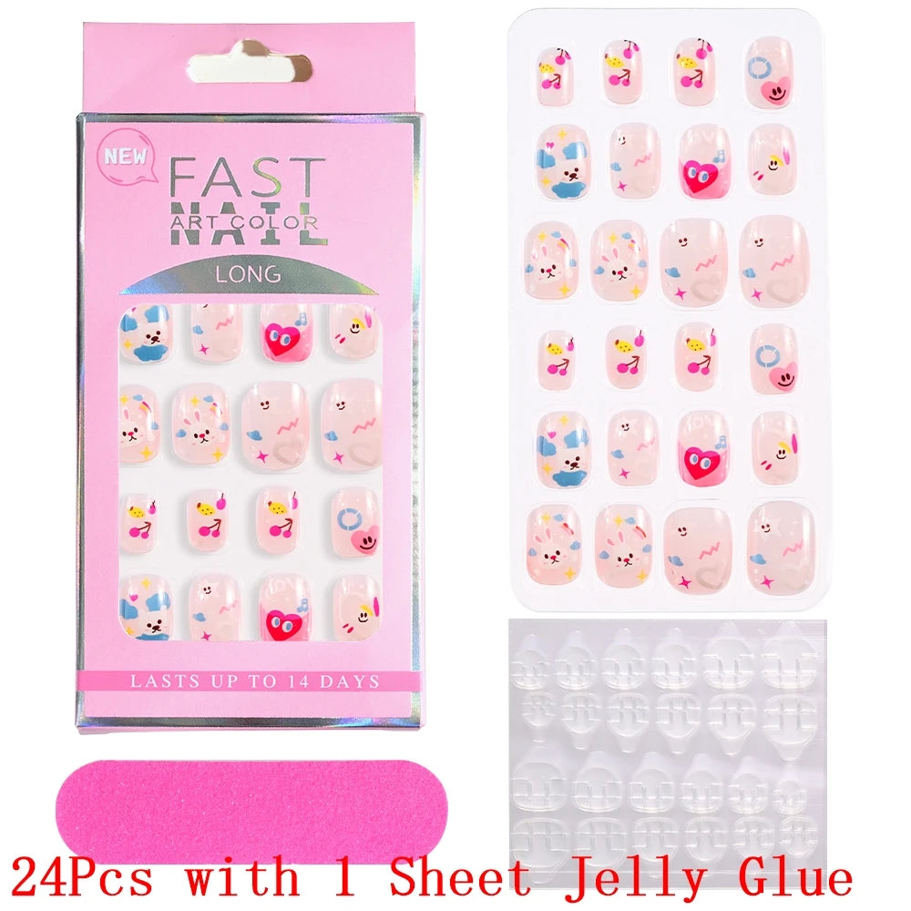 12pcs/Box Children Acrylic Fake Nails Safe Non-Toxic Adhesive Fake Nail DIY Artificial Fingernails for Girls Children's Day Gift