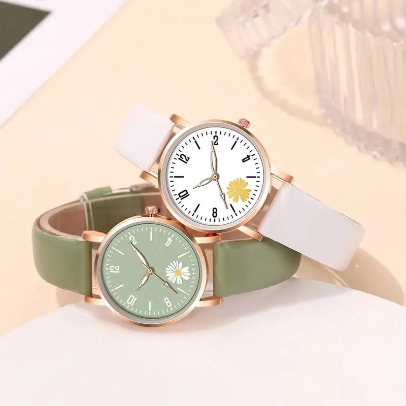 2PC Set Small Daisies Bracelet Watch Women Fashion Casual Leather Watches Simple Ladies Small Dial Quartz Wristwatch Reloj Mujer