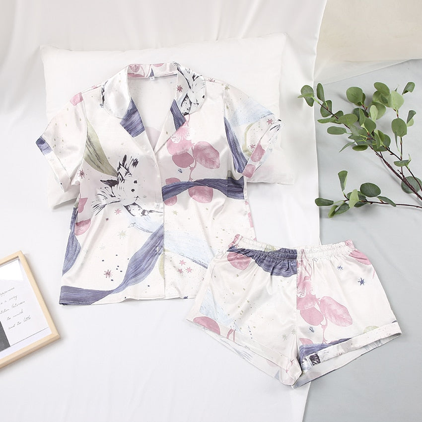 Solid Satin Sleepwear Silk Pajamas Set Top And Shorts Two Piece Set Pyjamas Women Pajama Short Sleeve Home Suit Casual