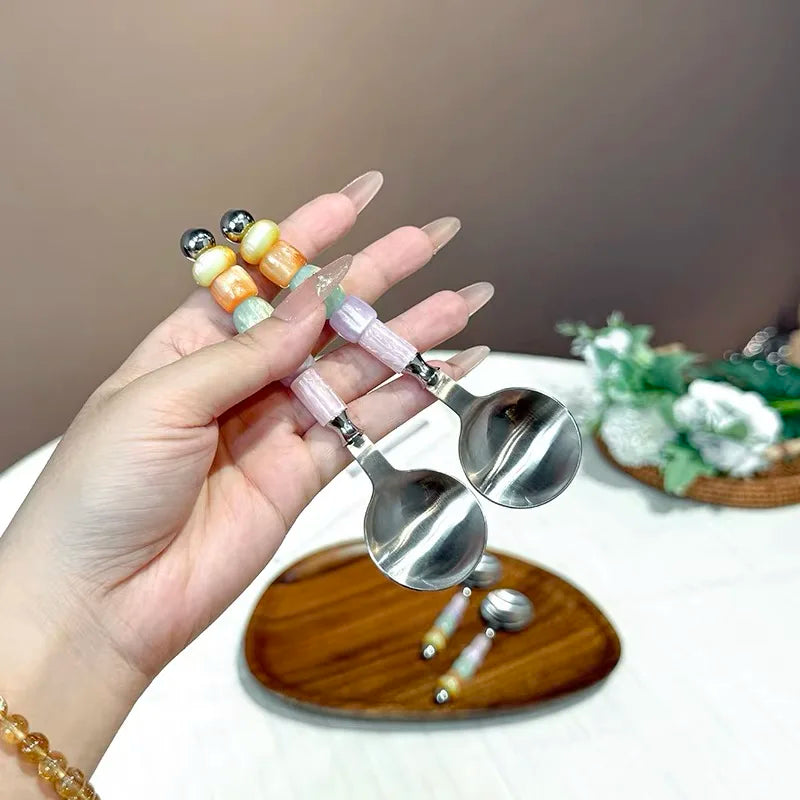 Delicate Colored Candy Bead Spoon Coffee Bean Scoop Small Luxury Twisted Spoon Stainless Steel Handmade Strust B82