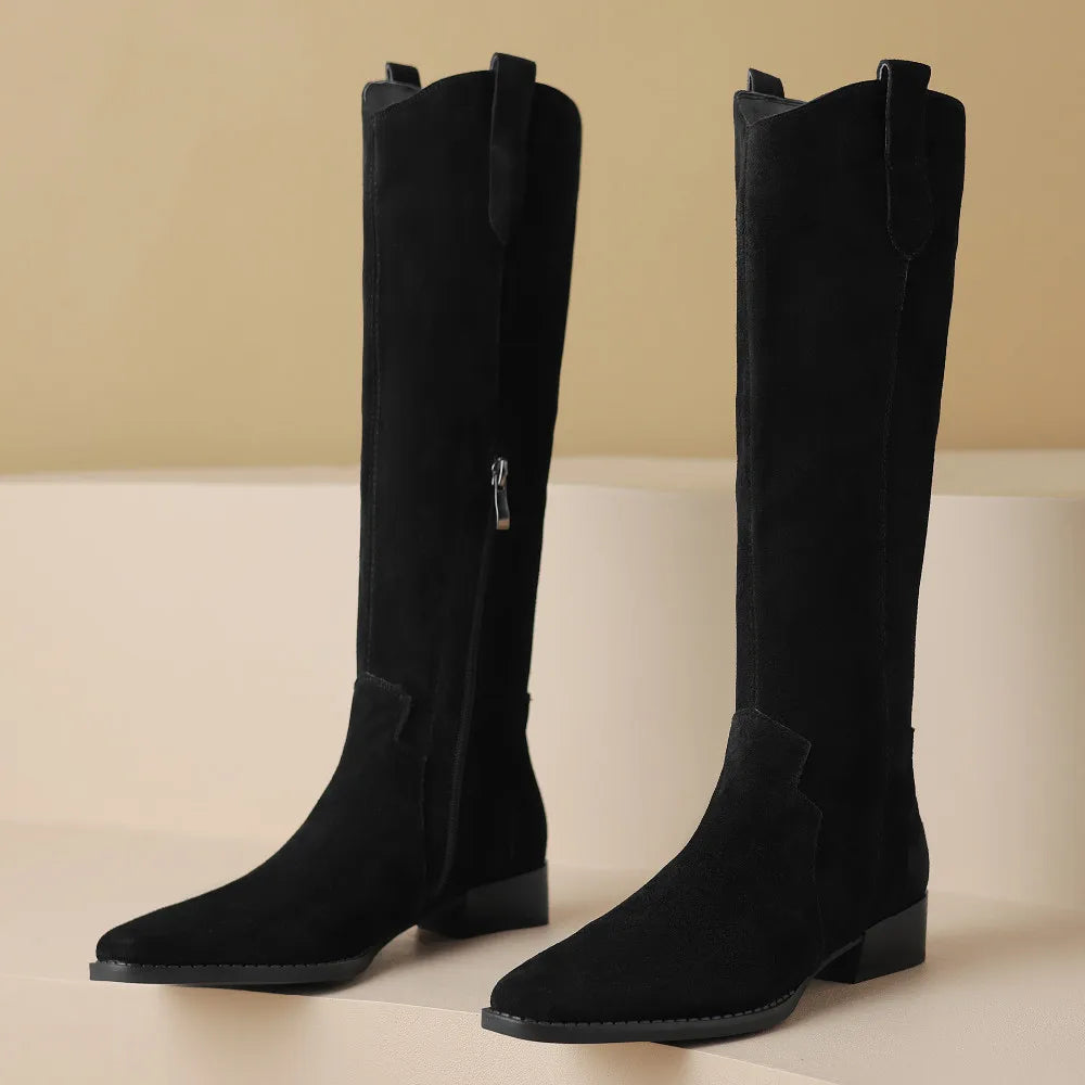 women's natural suede leather square toe side zip autumn knee high western boots casual female long boots shoes women