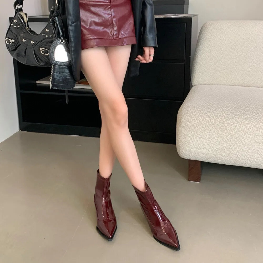 Pointed Toe Women Ankle Boots 2024 New Arrivals Black Beige Red Wine Square Mid Heels Back Zipper Sock Stretch Boots Woman 35-39