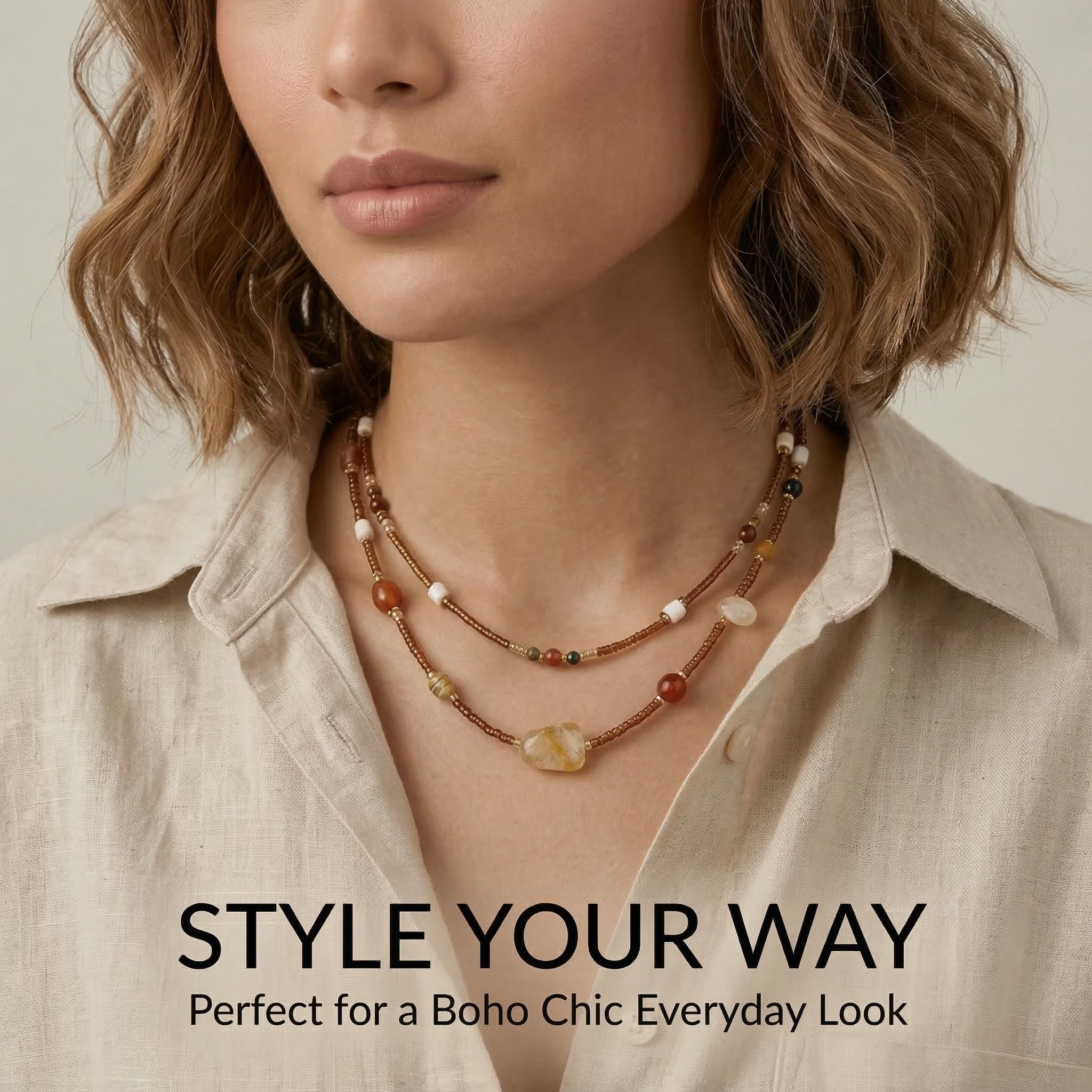 Layered Earth-Tone Beaded Necklace