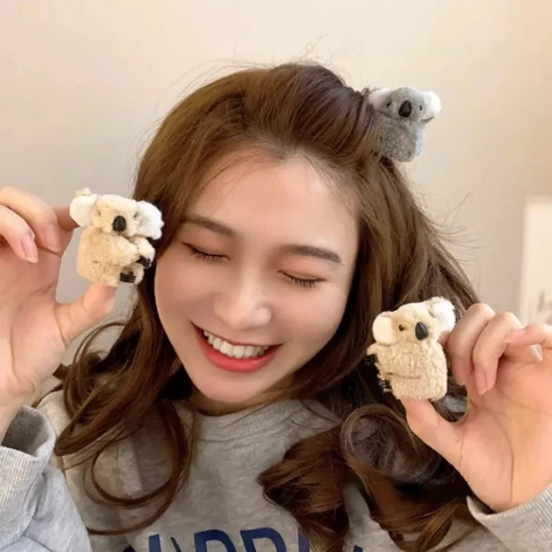 Cartoon 3D Plush Koala Hairpins Hair Claw Lady Soft Plush Koala Bear Side Bangs Clip Barrettes for Women Girls Hair Accessories