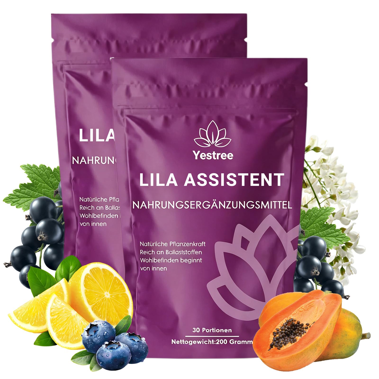 VITAFANT GREEN HELFERS 2 Pack Lila Superfood Pulver, Natürliche Pulverformel mit Aronia, Papaya, Heidelbeere, Inulin, Natürliches Ballaststoffreich Pflanzenpulver 200g