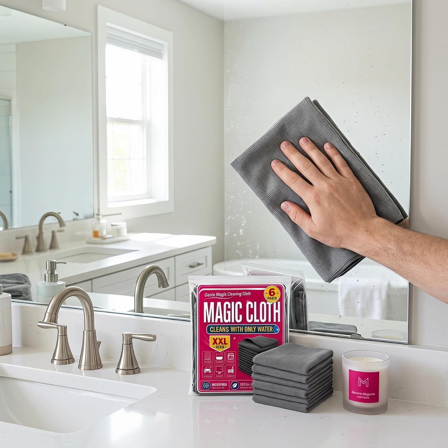 Genie Cloth Magic Cloth, Genie Magic Cleaning Cloth 6-Pack, Magic Cloths for Windows & Glass, Reusable, Suitable for Kitchens, Glass, and Car Windows
