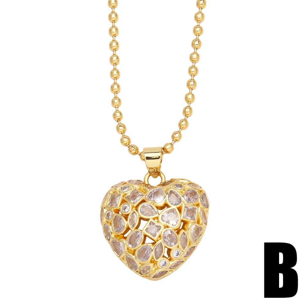 FLOLA Luxury Cz Crystal Heart Necklaces for Women Copper Gold Plated Letter Necklaces Dainty Jewelry Party Gifts nkeb857