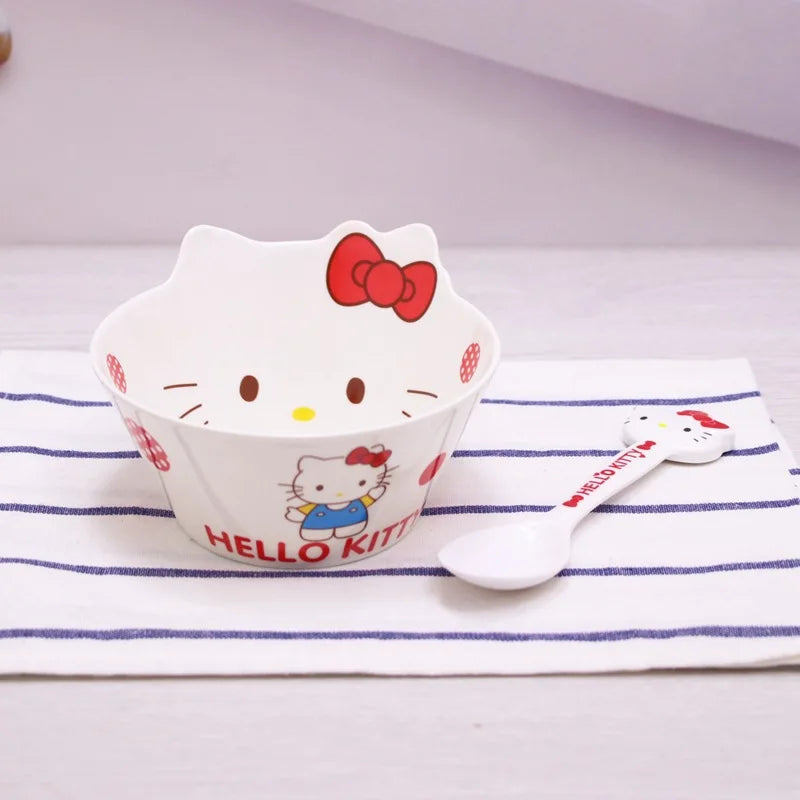 Sanrio Kawaii Hello Kitty Cat Face Plate Child Cutlery Set Bowl Chopsticks Spoon Fall Resistance Have A Meal 2-14 Years Old Cute