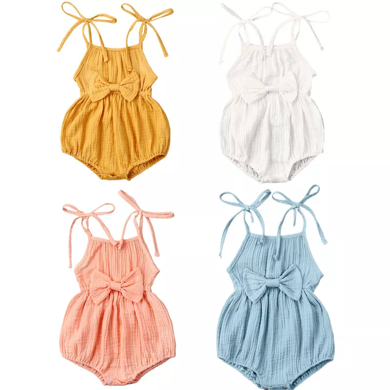 2020 Baby Summer Clothing  Newborn Baby Girl Cute Clothes Srap Romper Cotton Linen Solid Jumpsuit Bowknot Outfits Set Soft