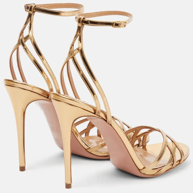 Gold Color Hollow Out Sandals Lady Fashion Pumps Thin Heel Buckle Strap Dress Shoes Woman Sexy Party High Heels