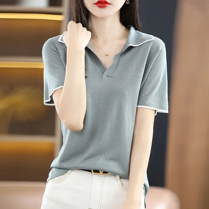 Women's T Shirts Polo Neck Shirt White Plain Knit Short Sleeve Tee Clothes Top Polyester Cotton Synthetic Summer 2024 Trend New