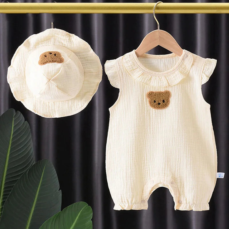 Muslin Summer Baby Romper Hat Set 2Pcs Bear Cotton Newborn Jumpsuit for Boys Girls Clothes Toddler Onesie Infant Outfit Suit