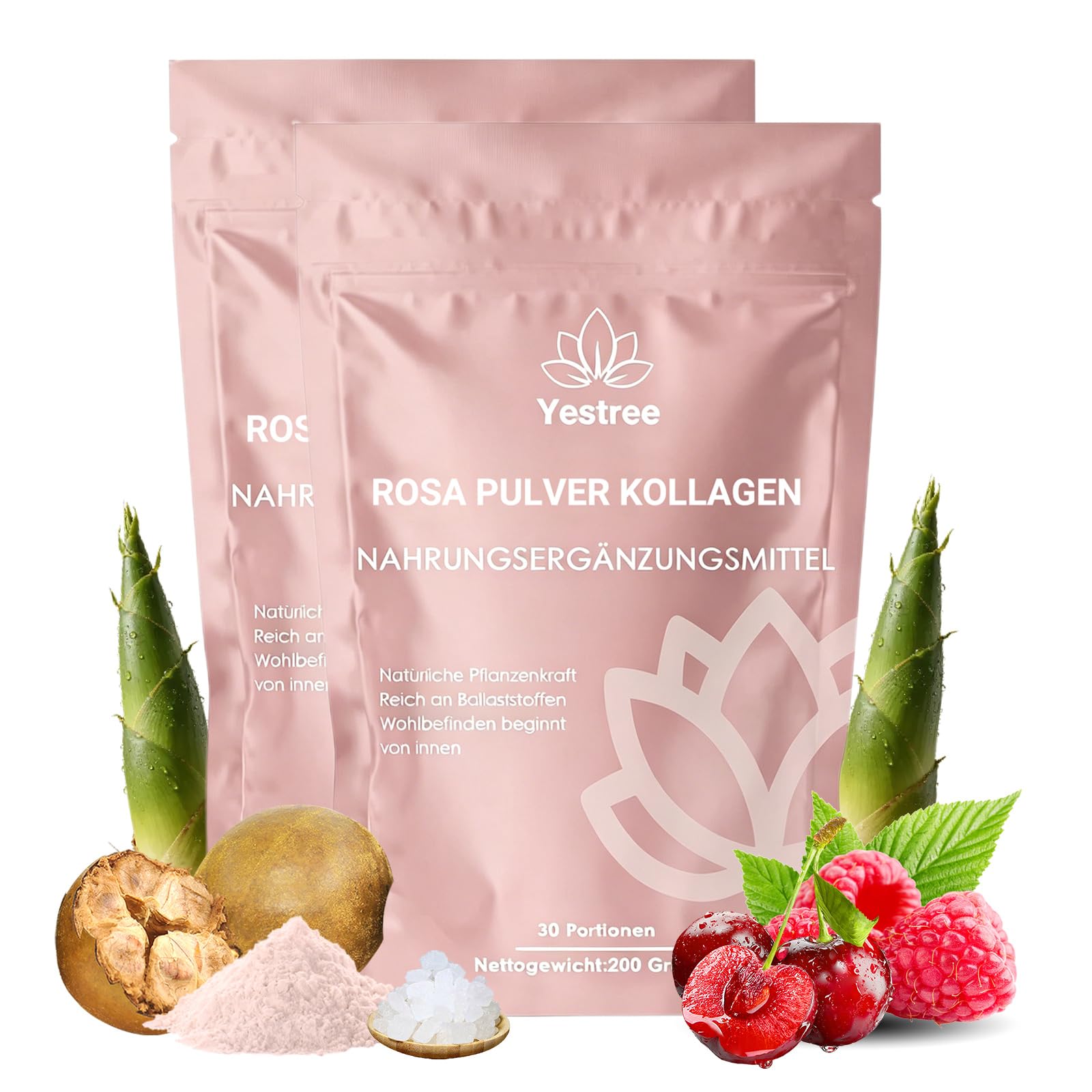 VITAFANT GREEN HELFERS 2Pack Rosa Pulver Kollagen, Natürliche Pulverformel, veganes Pflanzenpulver Mit Bambussprossen, Baobab, Himbeere, Acerola, Kollagen+Hyaluron 200g