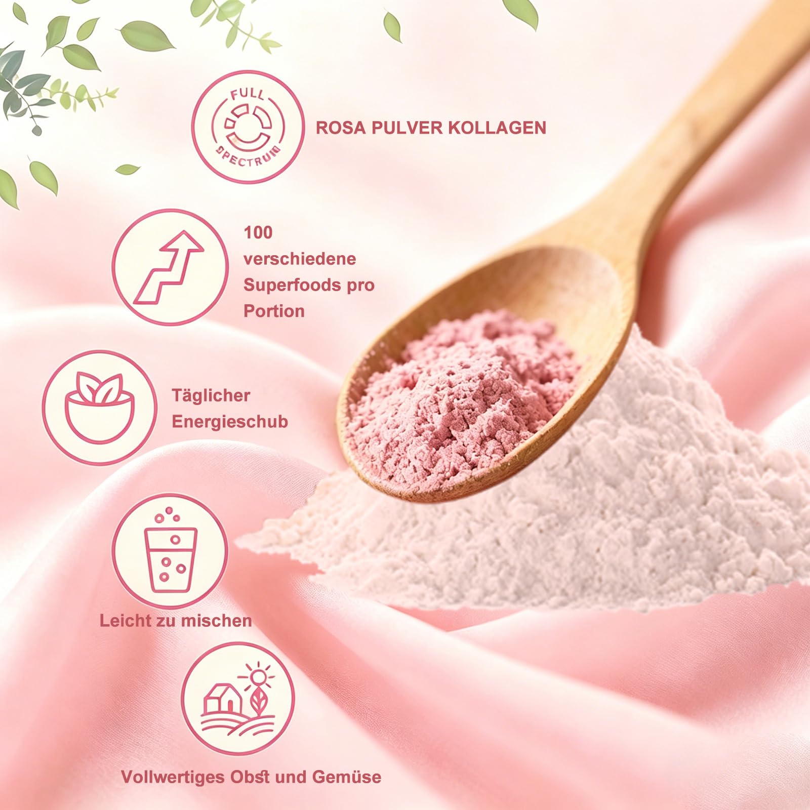 VITAFANT GREEN HELFERS 2Pack Rosa Pulver Kollagen, Natürliche Pulverformel, veganes Pflanzenpulver Mit Bambussprossen, Baobab, Himbeere, Acerola, Kollagen+Hyaluron 200g