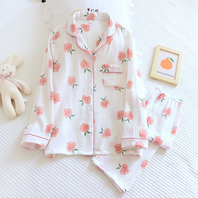 Spring New Ladies Pajamas Set Heart Printed Crepe Cotton Double-layer Gauze Turn-down Collar Long-sleeve Trousers Household Wear