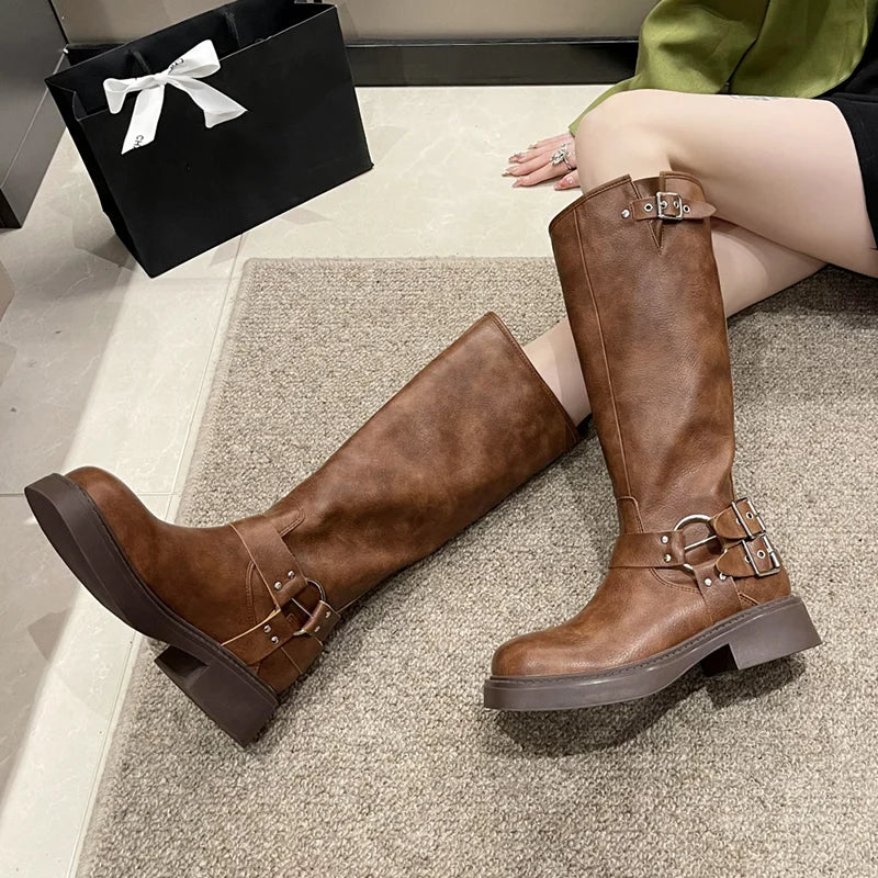 Vintage Buckle Cowgirl Western Boots Women Suqare Toe Platform Knee High Boots Woman PU Leather Middle Heels Long Botas De Mujer