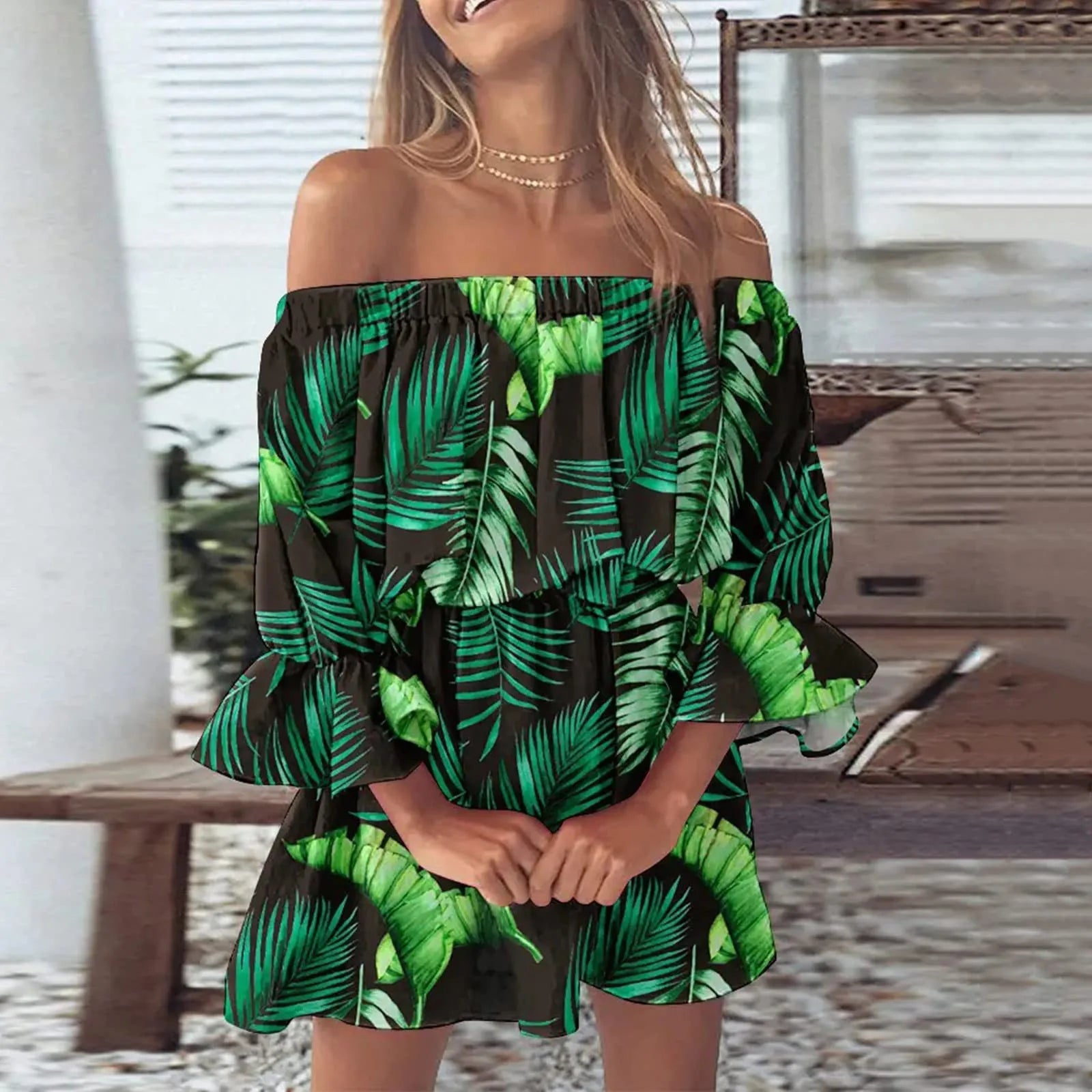 2024 Summer Dresses For Women Sexy Off Shoulder Mini Sundresses Beach Casual Loose Fit Bell Sleeve Mini Floral Dress Women's