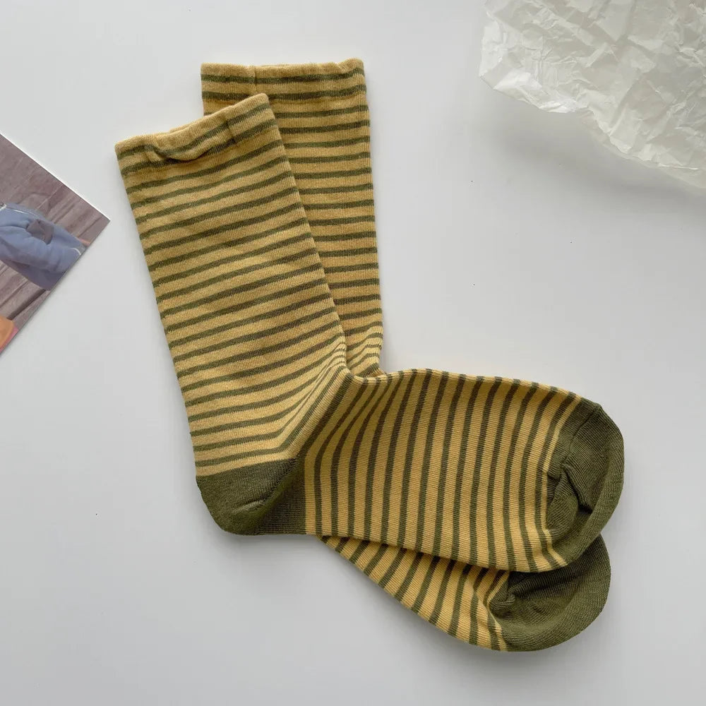 Retro Striped Socks Children's Women Medium Tube Socks Spring and Autumn Cotton Stockings Korean Stockings Japanese Socken