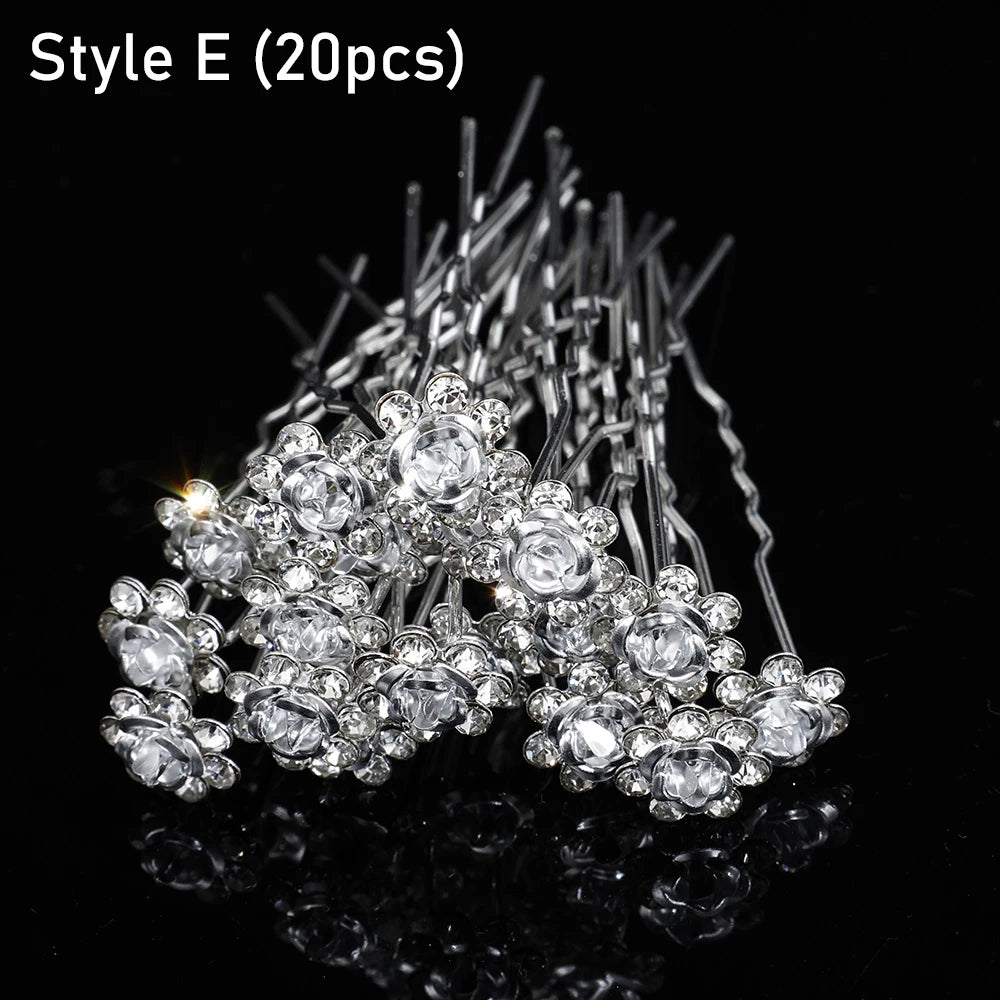 20pcs Women Flower Hairpin Stick Wedding Bridal Crystal Pearl Hairpin U Shaped Hair Clip Barrettes Hair Accessories Wholesale