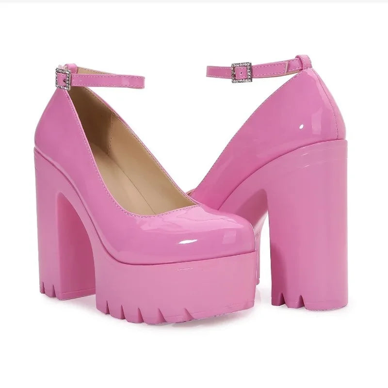 Pink Chunky Heeled Ankle Strap Pumps Sweet Platform Square Heel Woman High Heels Pumps Platform Shoes 2022 Spring Woman Shoes