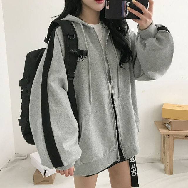 Women Hoodies Harajuku Korean Version Loose Oversized Sweatshirts Vintage Solid Color Long Sleeve Hooded Sweatshirt Zipper Coats