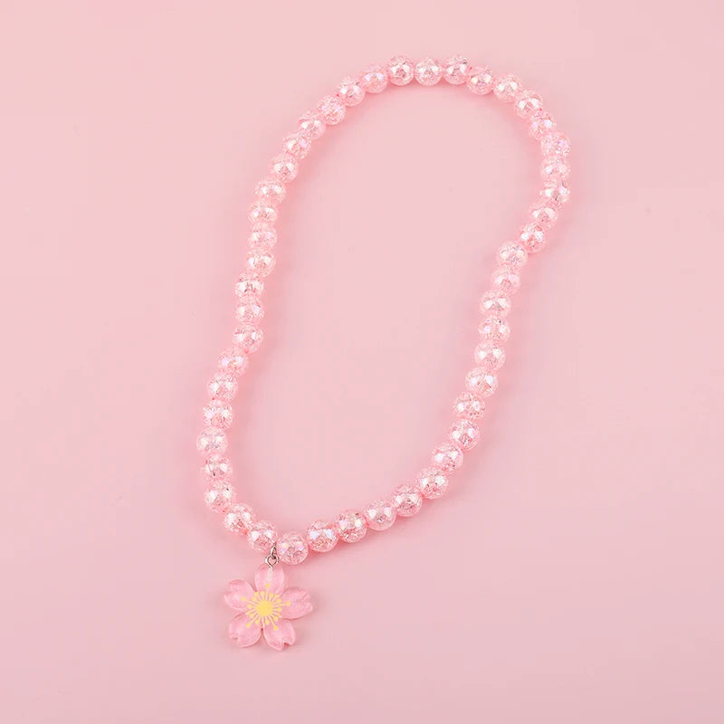 Makersland Pink Cherry Blossom Pendant Beaded Necklace For Children Sweet Princess Necklace Jewelry Kids Charming Gift Wholesale