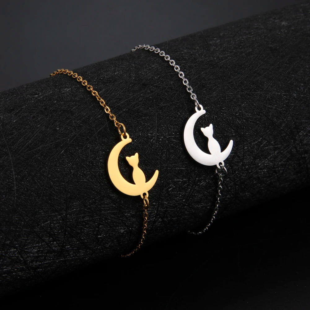 Skyrim Crescent Moon Cute Cat Bracelets on Hand for Women Stainless Steel Charm Bracelets Jewelry Mother's Day Gift Wholesale