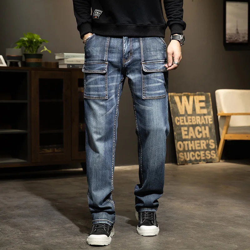 Multi-Pocket Baggy Jeans Mens Streetwear Cargo Denim Pants Straight Jean Trousers Plus Size 40 42 44